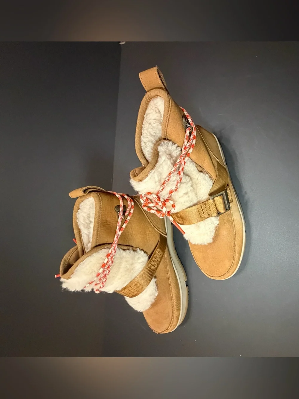 UGG Classic Weather Hiker  Suede Shearling Strap Boots Chestnut Color